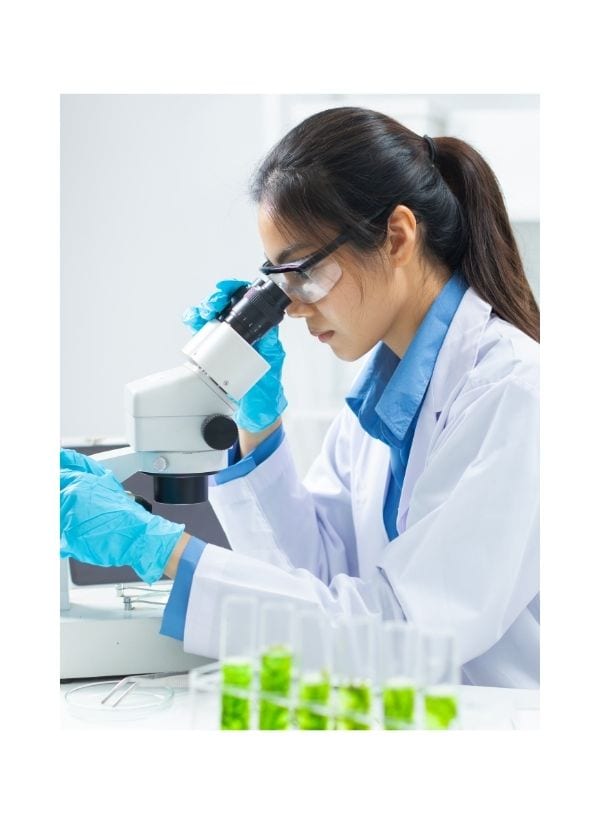 A clinical researcher examining melanoma samples under a microscope