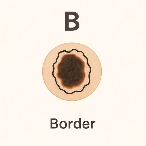 Border - Melanomas often have irregular, scalloped, or poorly defined borders. Non-cancerous moles typically have smooth, well-defined edges.