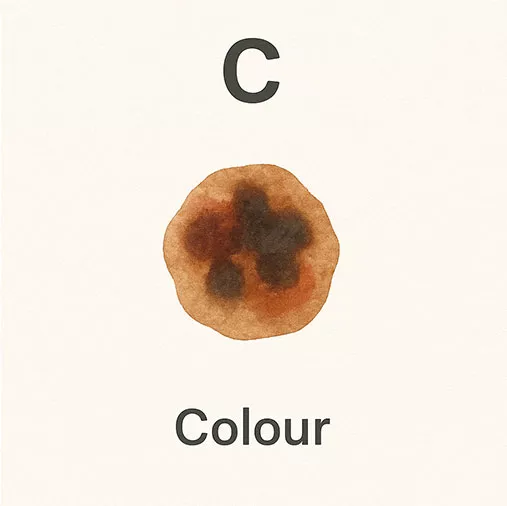 Colour - Look for moles that have uneven colouring, with shades of brown, black, red, white, or blue. Healthy moles are usually one uniform colour.