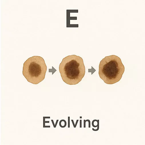 Evolution - Any change in the mole's appearance over time — such as size, shape, colour, or texture can indicate melanoma. This includes itching, bleeding, or crusting