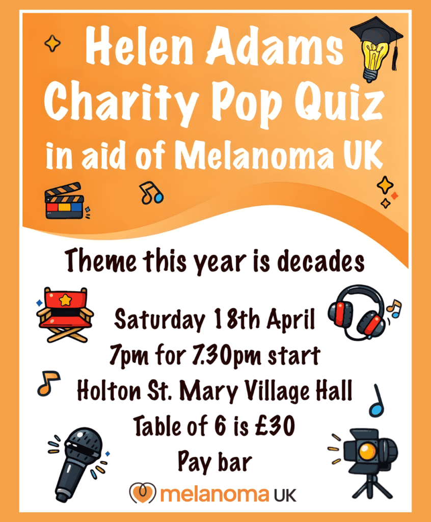Bright orange poster promoting Helen Adams Charity Pop Quiz supporting Melanoma UK, featuring event.