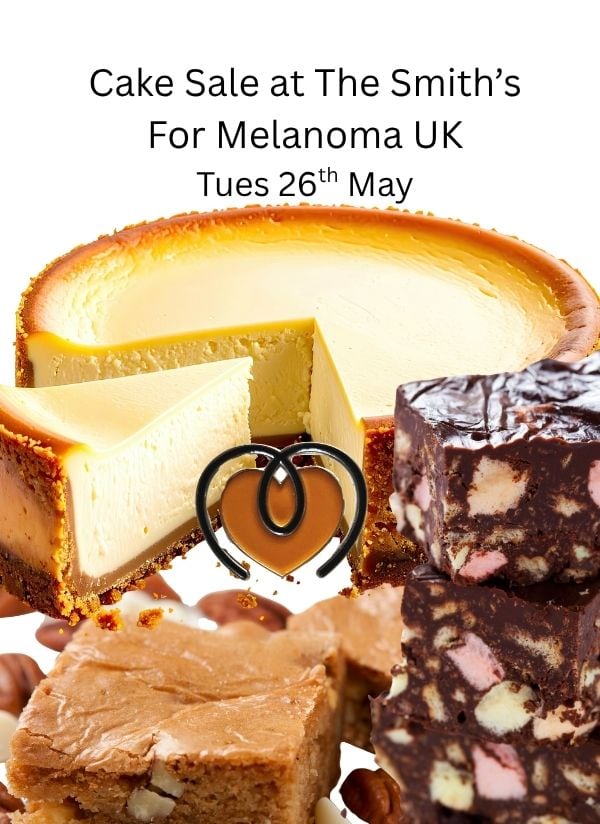 Creamy cheesecake and assorted chocolate treats at the Melanoma UK cake sale event on May 26th.