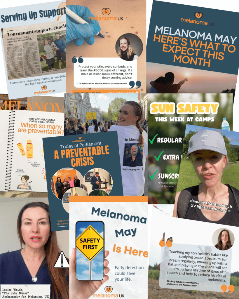 Melanoma UK campaign images promoting skin safety and awareness in May.
