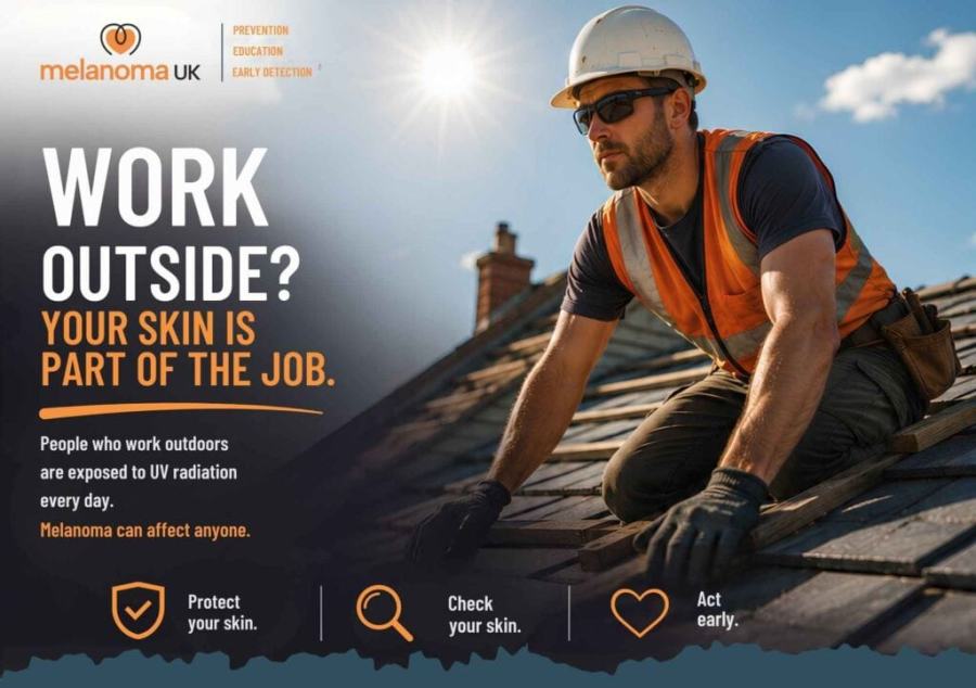 Outdoor worker inspecting roof for sun safety and melanoma risk.