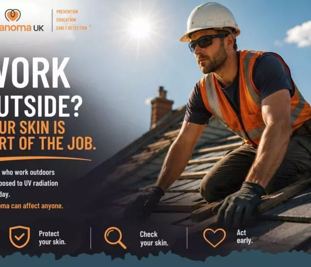 Outdoor worker inspecting roof for sun safety and melanoma risk.