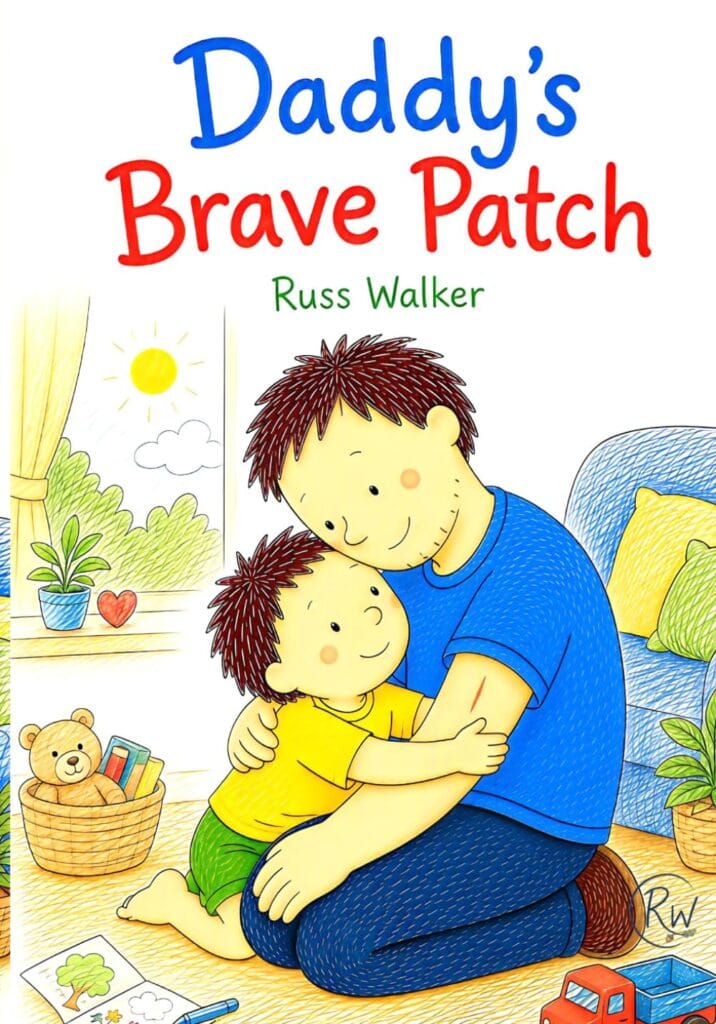 Illustration of a father and son embracing, with a sunny window in the background.