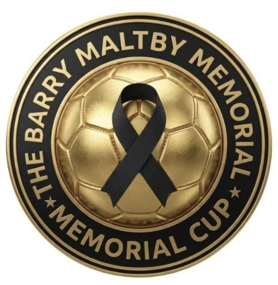 Barry Maltby Memorial Cup logo with a black awareness ribbon and gold football design.