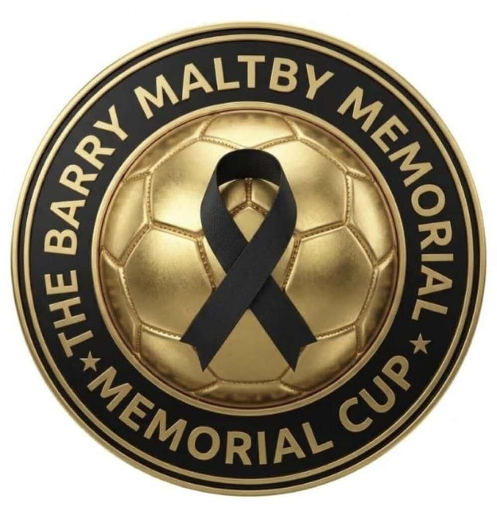 Barry Maltby Memorial Cup logo with a black awareness ribbon and gold football design.