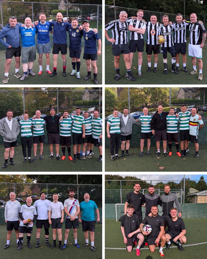 Amateur football teams posing on the field for a group photo.