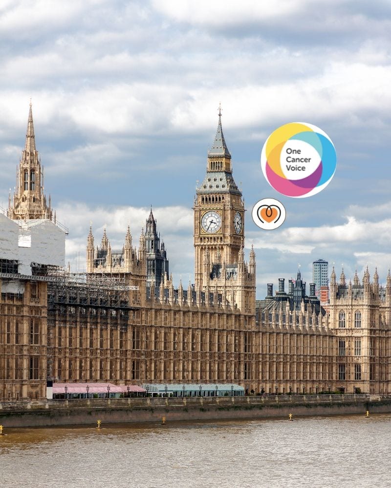 Big Ben and the Houses of Parliament in London with cancer awareness logos.