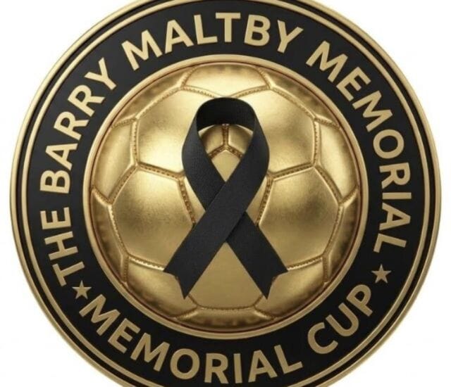 Barry Maltby Memorial Cup logo with a black awareness ribbon and gold football design.
