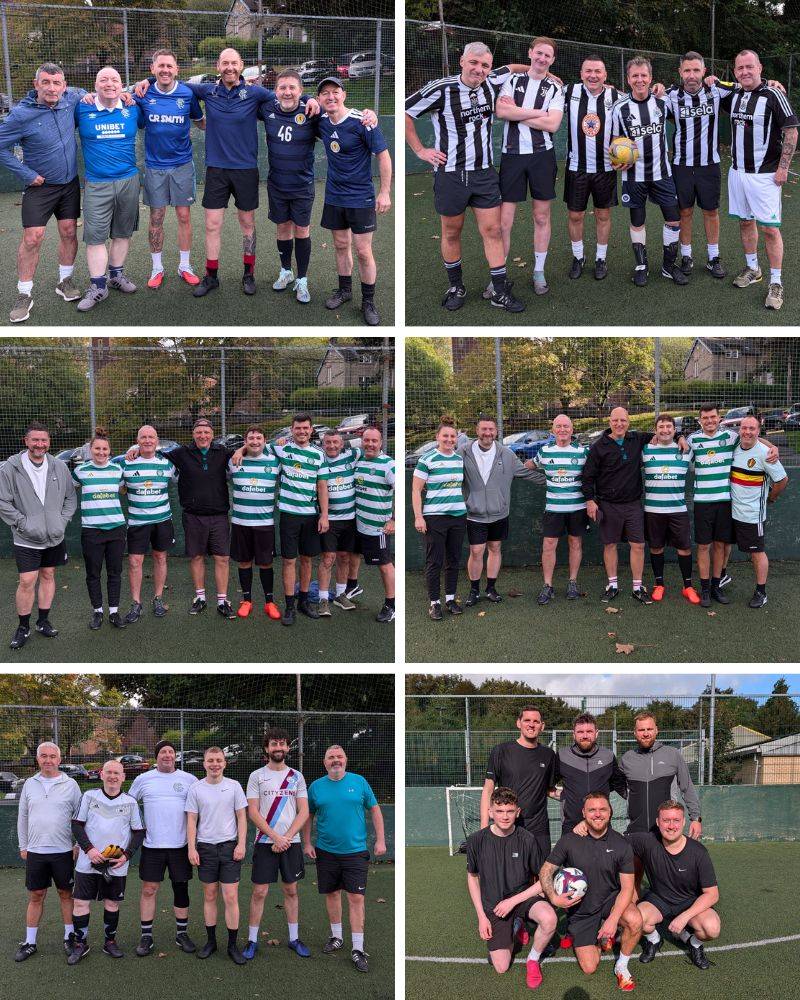 Amateur football teams posing on the field for a group photo.